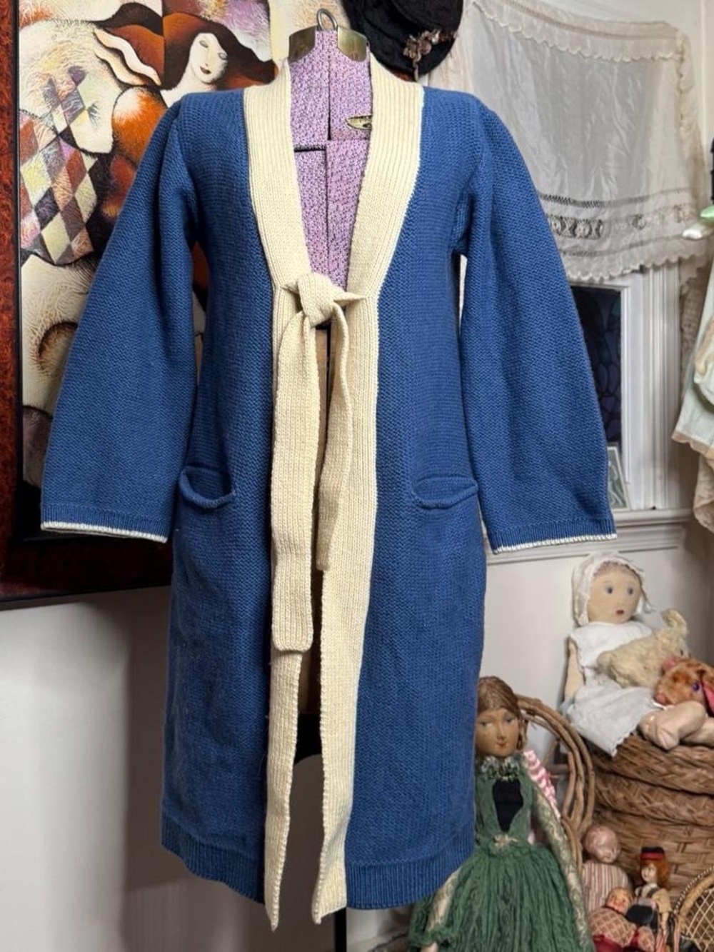 Vintage 80s 90s Sonia Rykiel dusty royal blue & cream knit wool cardigan duster
